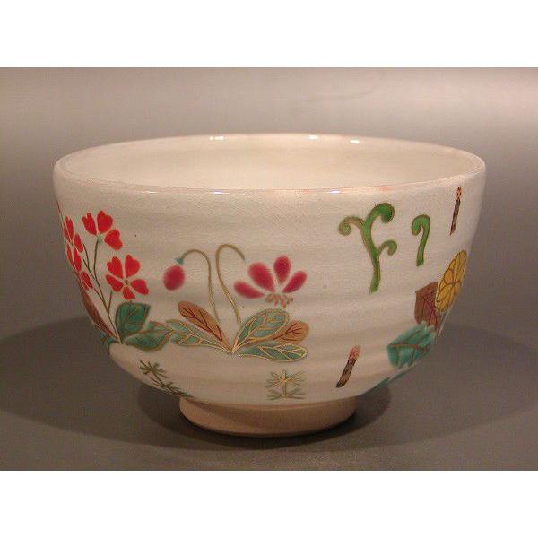 茶道具　抹茶茶碗　色絵　春の野、京焼　伊坂清香作