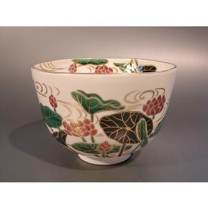 茶道具 抹茶茶碗 色絵 扇面流水 プラチナ釉、 京都 水無月窯 藤谷芳哉