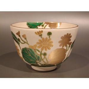 茶道具 抹茶茶碗 色絵 扇面流水 プラチナ釉、 京都 水無月窯 藤谷芳哉