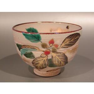 茶道具 抹茶茶碗 柿の絵、京焼 壱休窯 窪田常之作、桐共箱 新品