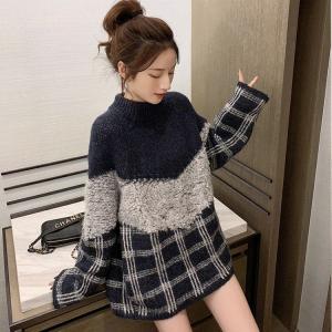 ニットセーター レディース 秋冬 40代 長袖 セーター ニットソー チェック柄 配色 韓国風ミドル丈 セーター ラウンドネック ニットトップス ゆったりオシャレ