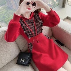 ワンピース ツイード 異素材MIX 韓国 無地 チェック柄 フード付 秋 冬 長袖 ショート丈 ミニ丈 おしゃれ 可愛い オルチャン 大人 フーディー カジュアル フリル