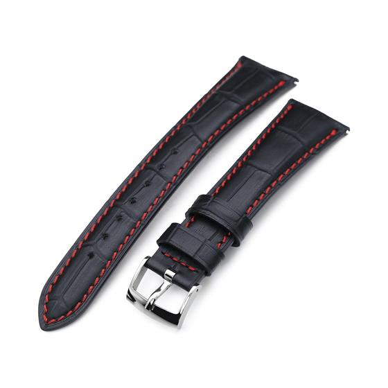 19mm MiLTAT 時計ベルト クロコグレーン ブラック レッドステッチ ポリッシュドバックル ...