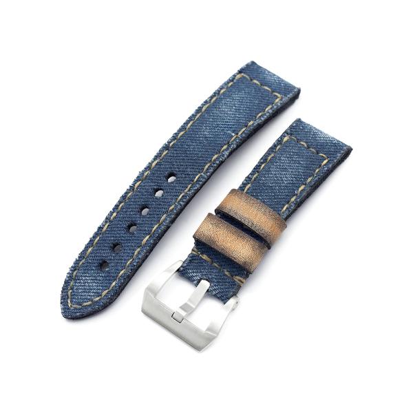24mm MiLTAT 時計ベルト GUNNY X MT ウォッシュドデニム ブルー カーキステッチ...