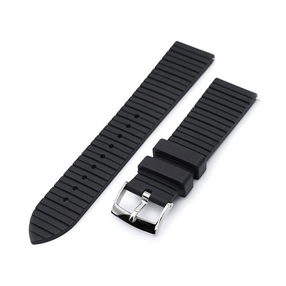20mm MiLTAT 時計ベルト FKMラバー ブラック グルーヴストライプ ストレートエンド ク...