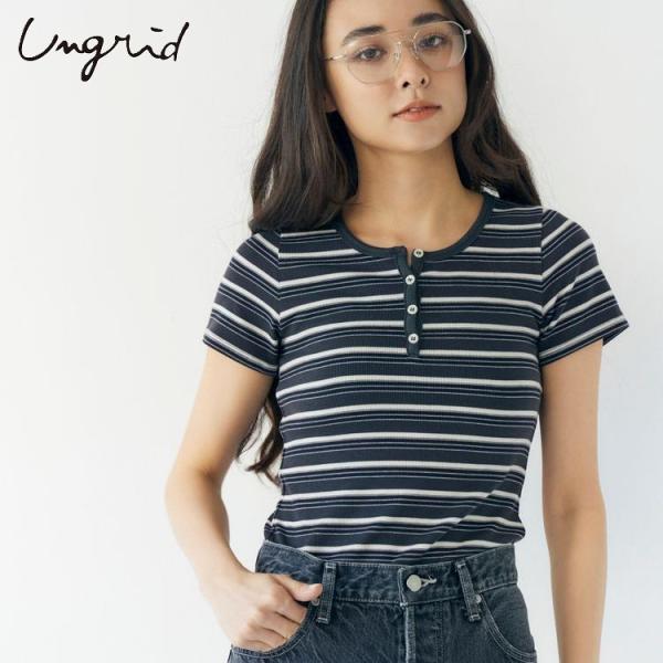 Ungrid アングリッド Tシャツ マルチボーダーヘンリーTee レディース 半袖 リブ トップス...