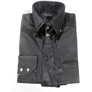 スカーフ付き シャツカラー　２重襟ストライプ柄　ドレスシャツ　　