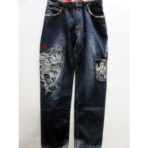 カラクリ魂 和柄　デニムパンツ KARAKURI　龍３連刺繍
