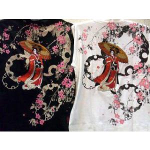 カラクリ魂 和柄半袖Tシャツ  桜に芸者刺繍   　KARAKURI