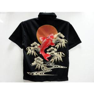 カラクリ魂 和柄 半袖ポロシャツ 緋鯉刺繍 パイソンレイヤード