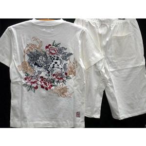 カラクリ魂　和柄　半袖シャツ　桜ジャガードに昇龍刺繍　KARAKURI カラクリ魂 和柄 ふくれ織ジャガードTシャツ上下セット 龍刺繍