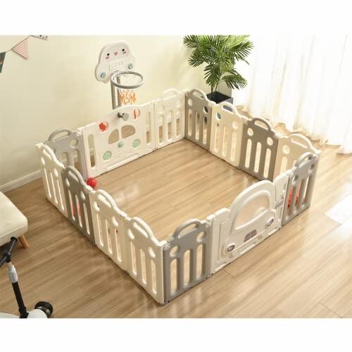 BTM ベビーサークル 折りたたみ 14枚セット 163*163cm 変形可能 扉付き バスケットゴ...