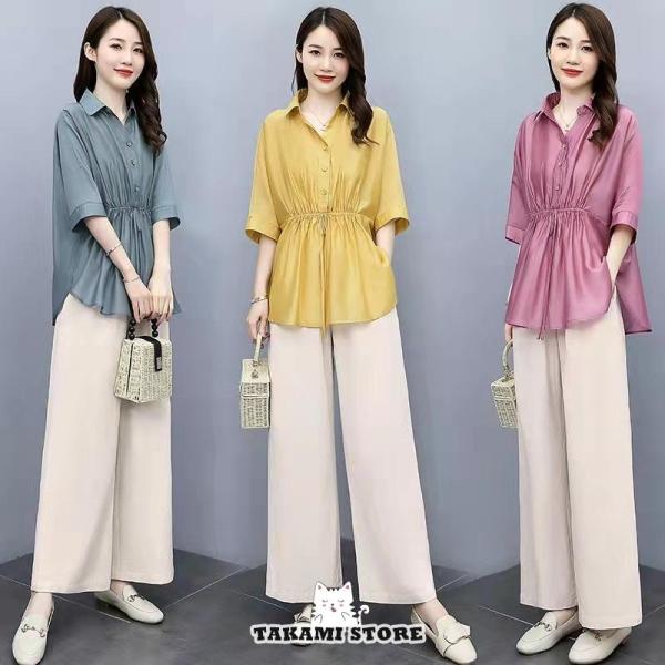 セットアップ レディース 夏 接触冷感 春 半袖 トップス ワイドパンツ 50代 40代 30代 2...