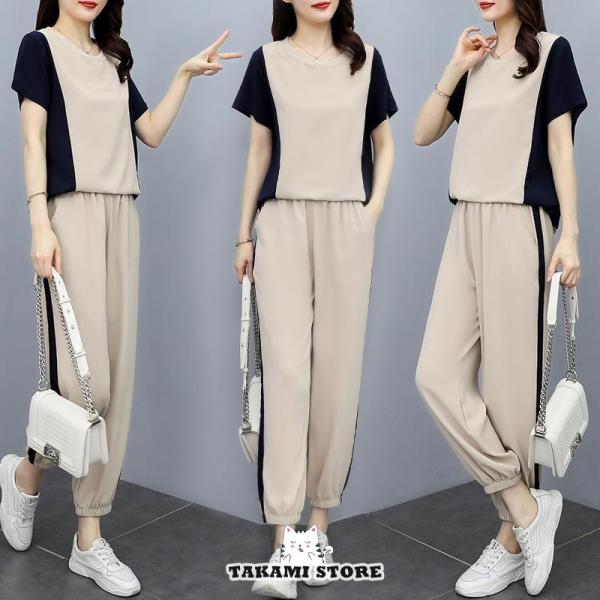 セットアップ レディース 夏 接触冷感 春 半袖 トップス ワイドパンツ 50代 40代 30代 2...