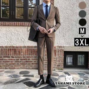 メンズ スーツ 一つボタン ストライプ ビジネススーツ スリムスーツ フォーマル 二次会 結婚式 面接 通勤 上下セット スーツ ブラック ブラウン グレー｜takami-store