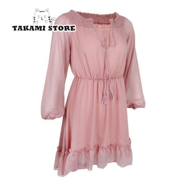 ボヘミアンソリッドシフォンドレスオフショルダーミニビーチサンデー2xlピンク