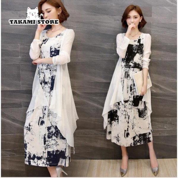 レディース マキシ丈ワンピ お呼ばれ レトロ 日焼け止め長袖トップス+袖なしワンピース エレガント★...