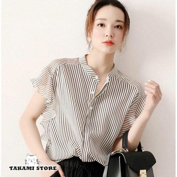 レディース ブラウス 40代 春夏 オシャレ 韓国風 半袖トップス ボーダー柄シャツ レースフレア袖...