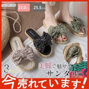 ミュールサンダル　レディース サマーシューズ　韓国風　フラットサンダル　リボンサンダル　可愛い　夏サンダル　リゾートサンダル　疲れにくい　美脚シューズ｜タカミストア
