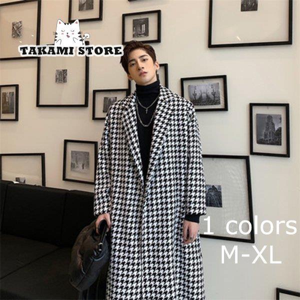 チェスターコート メンズ 千鳥柄 黒 白 ロング 暖かい チェック コーデ ジャケット 上品 高級 ...
