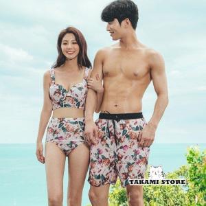 水着 ペアルック カップル水着 メンズ＆レディース 花柄 お揃い水着 ショートパンツ ビキニ サーフパンツ ラッシュパンツ セパレート
