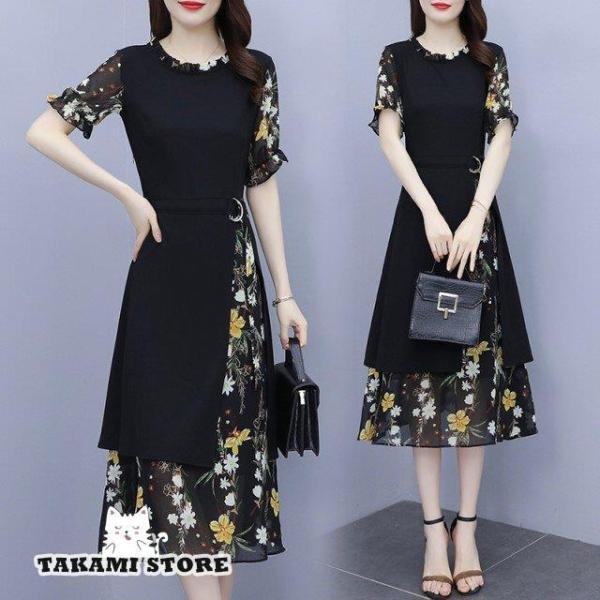 パーティードレス 結婚式 お呼ばれドレス ワンピース 袖あり 大きいサイズ 花柄 長袖 半袖 ミモレ...