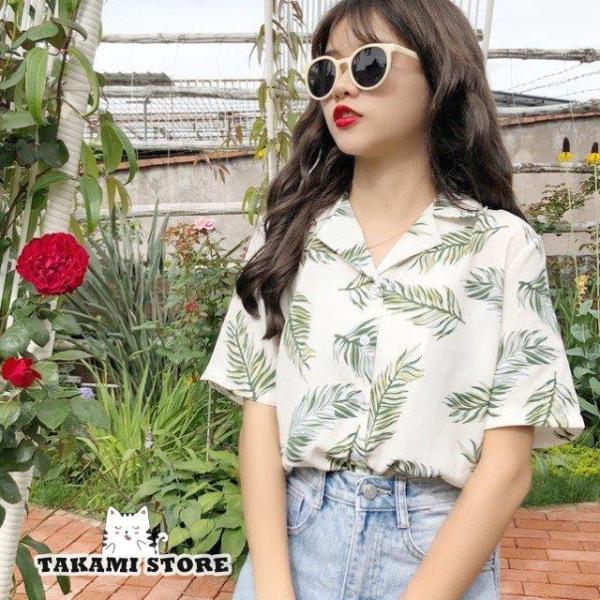 アロハシャツ レディース トップス リーフ柄 半袖 メンズライク Vネック ビッグサイズ オーバーサ...