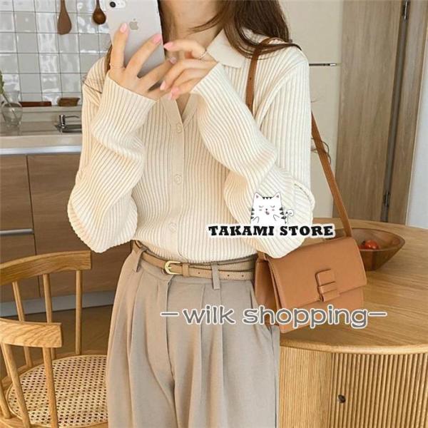 カーディガン リブニット レディース トップス ニット 襟付き ボタン 秋 春 vネック 襟付き リ...