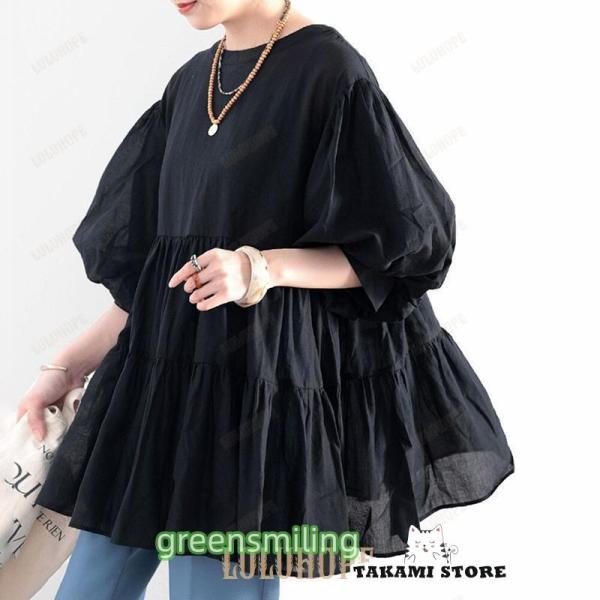 ブラウス レディース トップス ティアード ロング丈ノーカラー チュニック ぽわん袖 ボリューム袖 ...