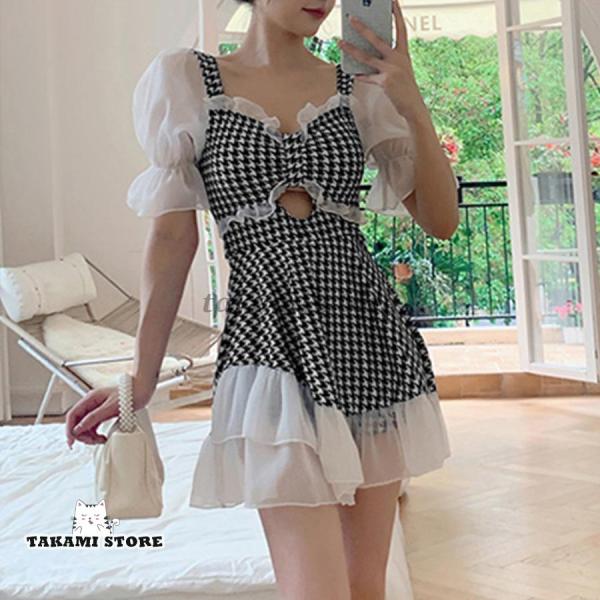 ワンピース  春水着  夏 千鳥柄 韓国スイムウェア 体型カバー ビキニ セパレート ワンピース水着...