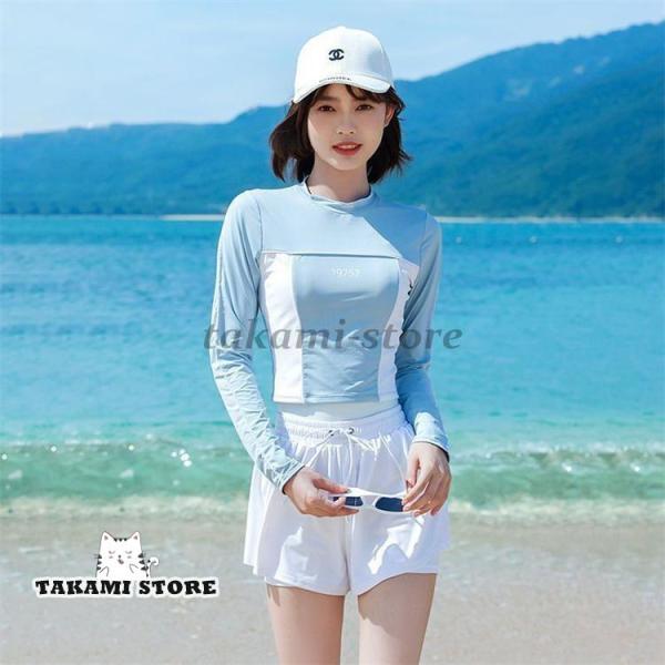 夏 フィットネス水着 レディース ママ水着 体型水着 長袖ラッシュガード  上下セット セパレート ...