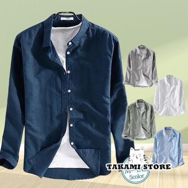 長袖シャツ カジュアルシャツ メンズ 開襟 トップス リネン スリム 無地 ボタンダウンシャツ 着痩...