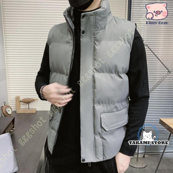 中綿ベスト 秋冬春 ダウンベスト メンズ 立ち襟 ノースリーブ 防寒対策 暖か 防風 撥水 光沢 ツ...