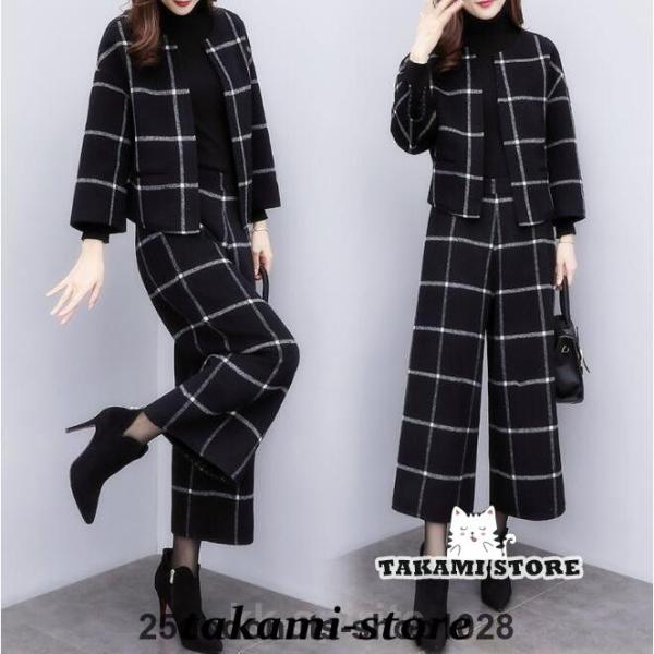パンツスーツ セットアップ  ウール混 チェク柄 ガウチョパンツ ゆったり  女子 ジャケット 通勤...