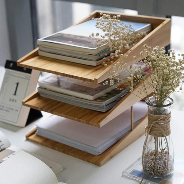 書類整理 木製A4ペーパートレイオフィスデスクフラットレタートレイレタートレイ天然竹木 SWKFDG