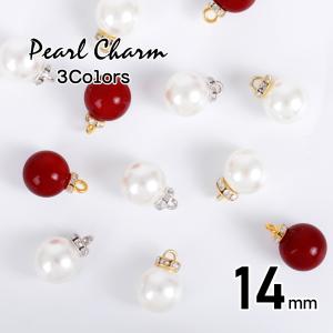 【アクリルチャーム】ラインストーンキャップ付き　パールストーンチャーム14mm　ホワイト/レッド【メール便対応】一粒 パールチャーム　ピアスチャーム　イヤリ｜takaranail