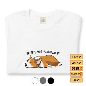 Corgi犬 来月下旬から本気出す 犬tシャツ  犬好き かわいい おもしろ メンズ レディース猫柄生地