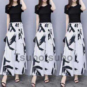 セットアップ レディース 夏 カジュアル 40代 20代 おしゃれ 上下セット Tシャツ 半袖 無地 ガウチョパンツ 花柄 薄手 大きいサイズ 韓国風 着痩せ 通勤 OL 新品