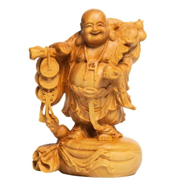 仏像 木彫り ミニ 七福神 置物 布袋 高級天然ツゲ木彫り 布袋様 風水 (高さ10cm)