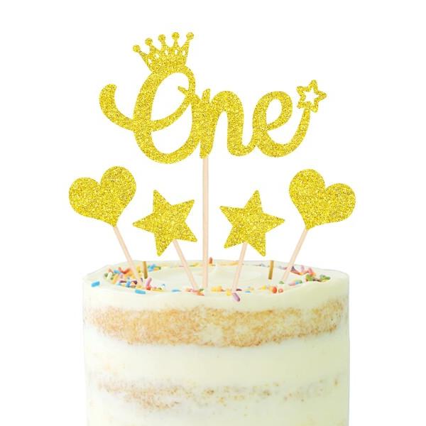 WishFirst ケーキ飾り 両面 フラッシュ キラキラ 1歳 ケーキトッパー 5点セット one...