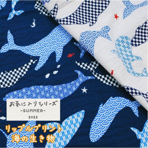 リップルプリント 海の生き物 生地 薄手 春夏 布 綿 コットン 浴衣 甚平 クジラ イルカ エイ ...