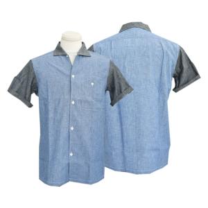 WAREHOUSEウエアハウス半袖シャツ3091 S/S OPEN COLLAR SHIRTS コンビシャンブレー(ブルーベース)｜takeoff-clothing