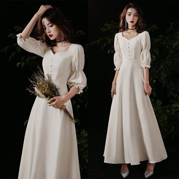 【特価】イブニングドレス ホワイト 5分袖 Aラインドレス 無地 フォーマル 結婚式ドレス 成人式 ...