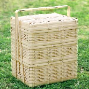 美品 三段竹籠 バスケット 竹細工 籠 虎竹三段ピクニックバスケット 日本唯一の虎竹を厳選しました