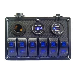6スイッチ LED 防水 ロッカースイッチパネル シガーライター電源 USB電源 電圧計付き