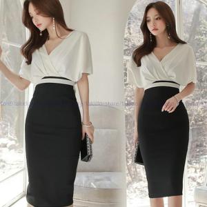 人気新品 Vネック ハイウエスト タイトワンピース ドルマンスリーブ＆タイトスカート ドッキングワンピース 膝丈 大人 上品パーティー ドレス 結婚式 二次会