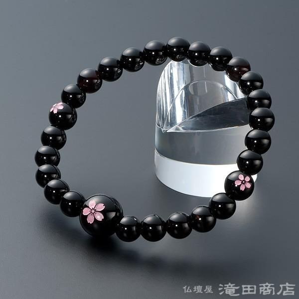 腕輪念珠 数珠 ブレスレット 黒オニキス 桜彫り 7mm