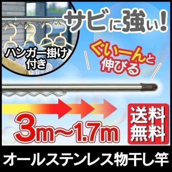 物干し竿 室内 オールステンレス 物干し ハンガー掛付 170〜300cm 3M 3ｍ 伸縮 竿 丈...