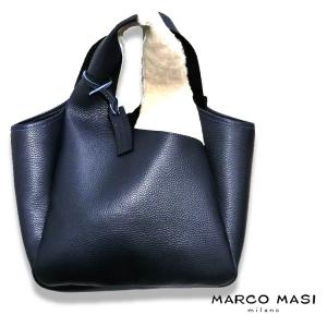 ハンドバッグ 本革 レザー ファー ネイビー イタリア製 ミラノ MARCO MASI(マルコマージ) トートバッグ バイカラー (t5a)｜tamai