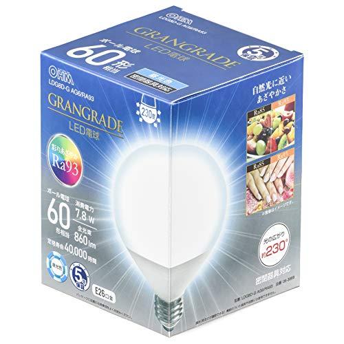 オーム電機 LED電球 ボール電球形 E26 60形相当 昼光色 LDG8D-G AG6/RA93 ...